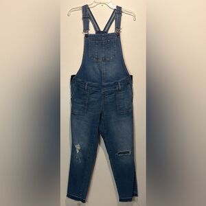 Indigo Blue- Maternity Side Panels Distressed Straight Skinny Leg Overalls- M